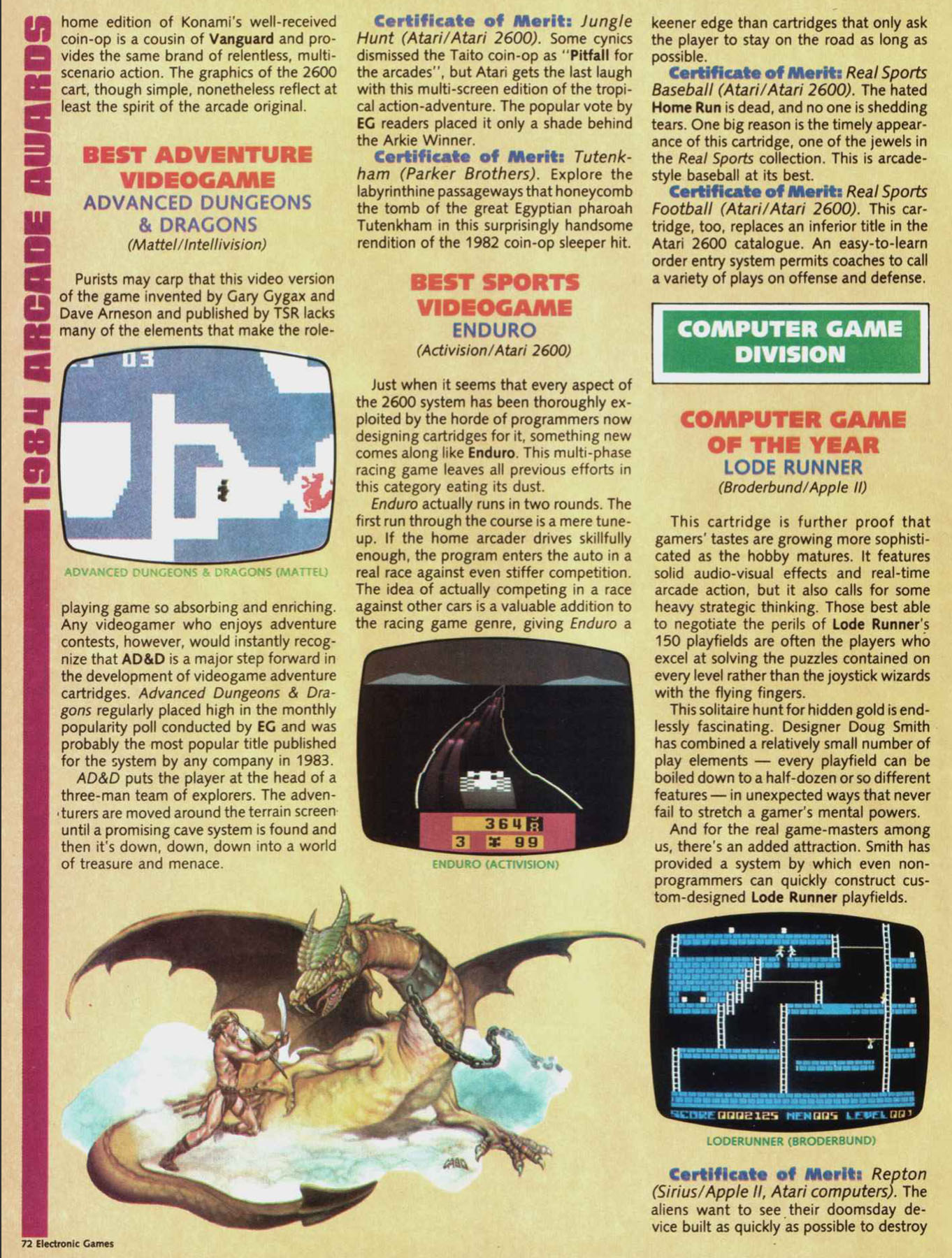 1984 Arcade Awards, Electronic Games January 1984 page 72
