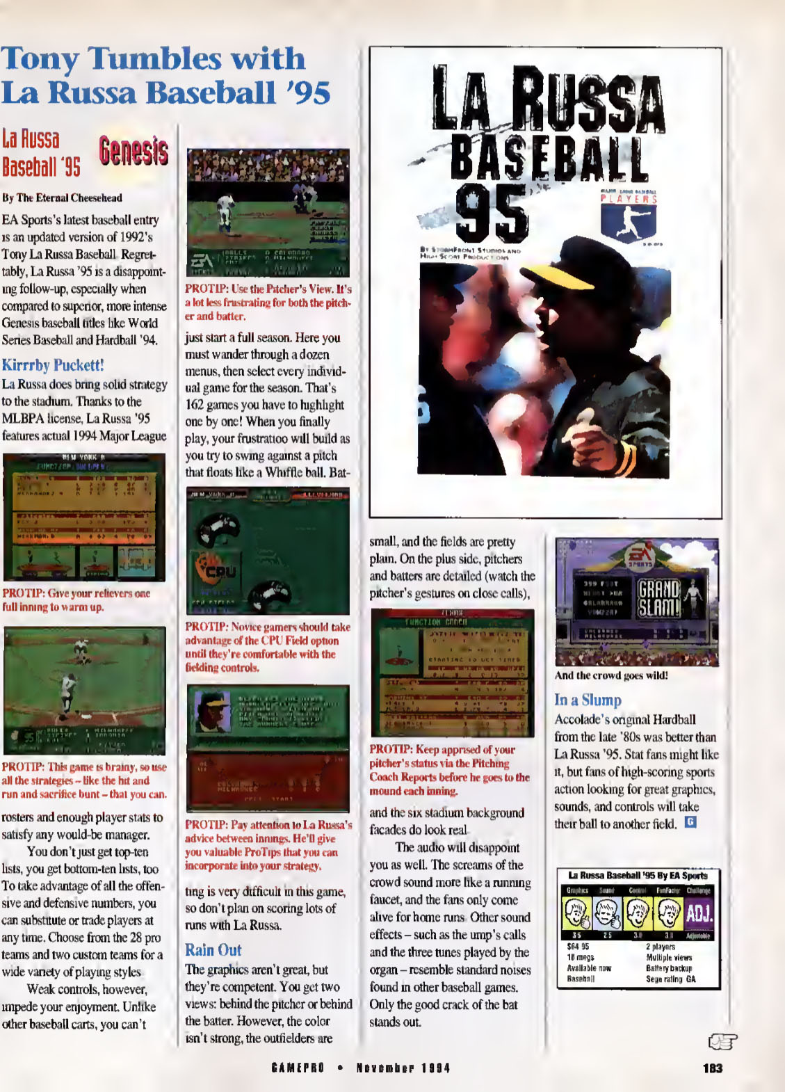 Tony Tumbles with La Russa Baseball '95, GamePro November 1994 page 183