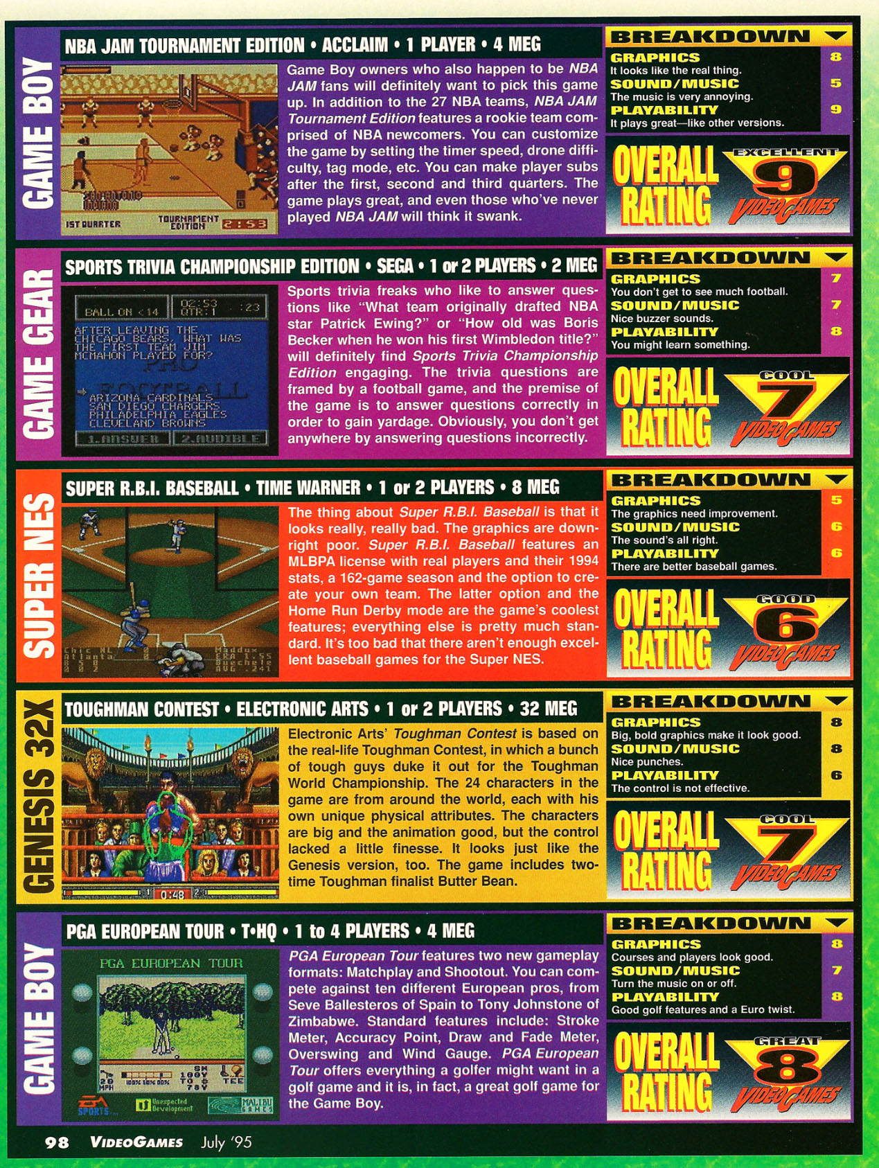 Super RBI Baseball Review, Video Games July 1995 page 98