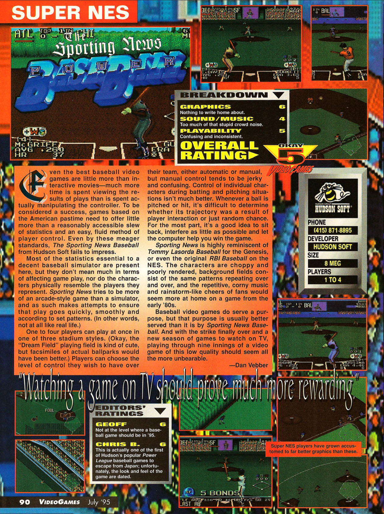 Sporting News Baseball Review, Video Games July 1995 page 90