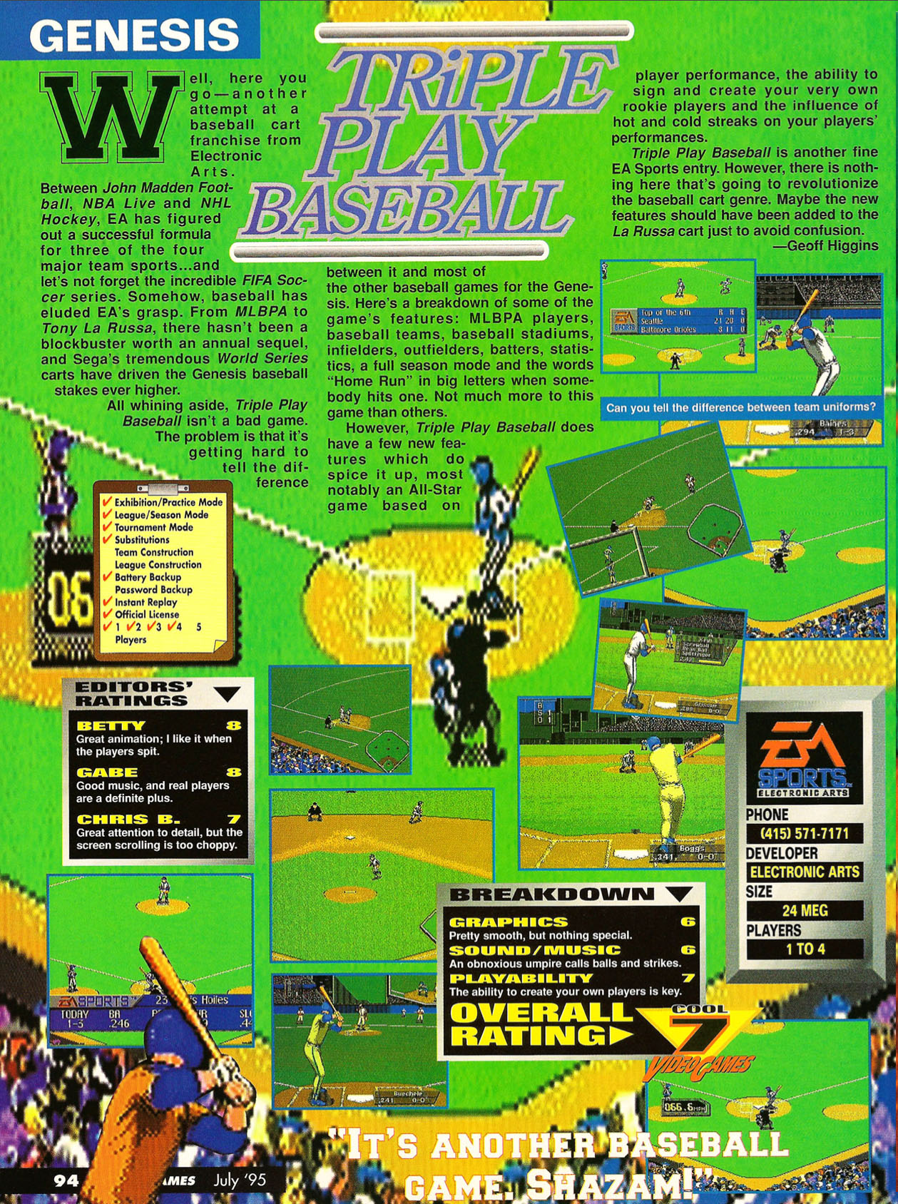 Triple Play Baseball Review, Video Games July 1995 page 94