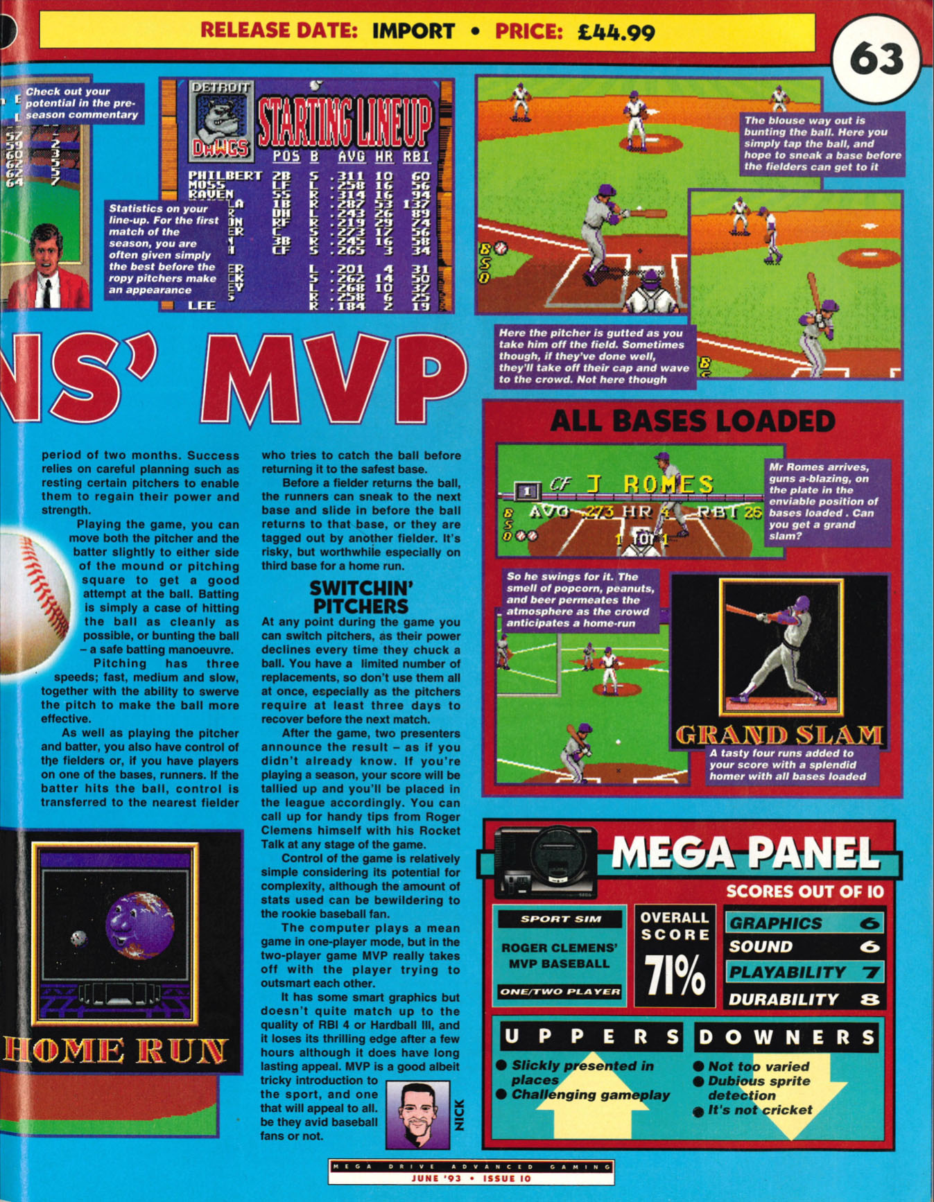 Roger Clemens' MVP Baseball Review, Mega Drive Advanced Gaming June 1993 page 63