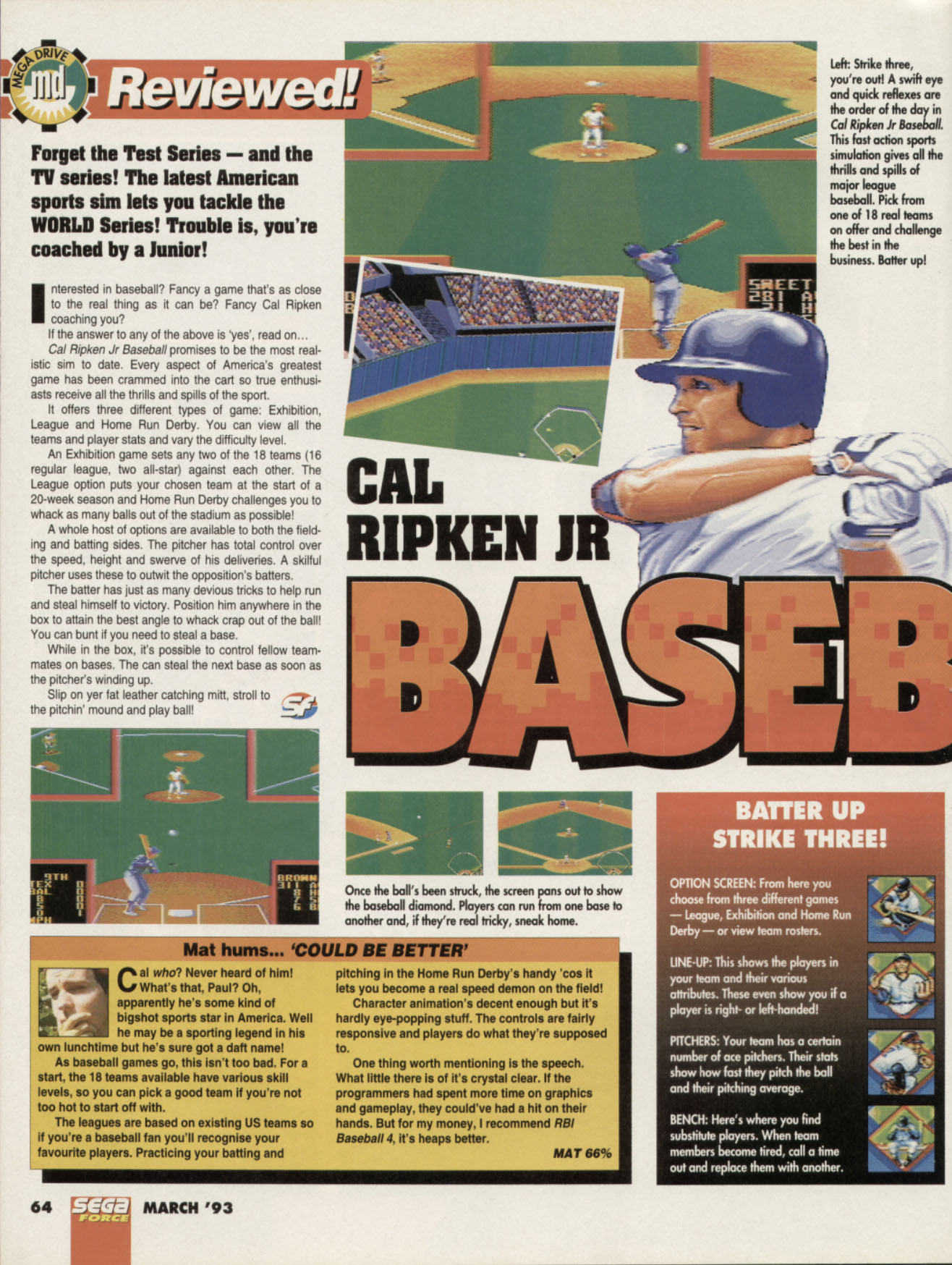 Cal Ripken Jr Baseball Review, Sega Force March 1993 page 64
