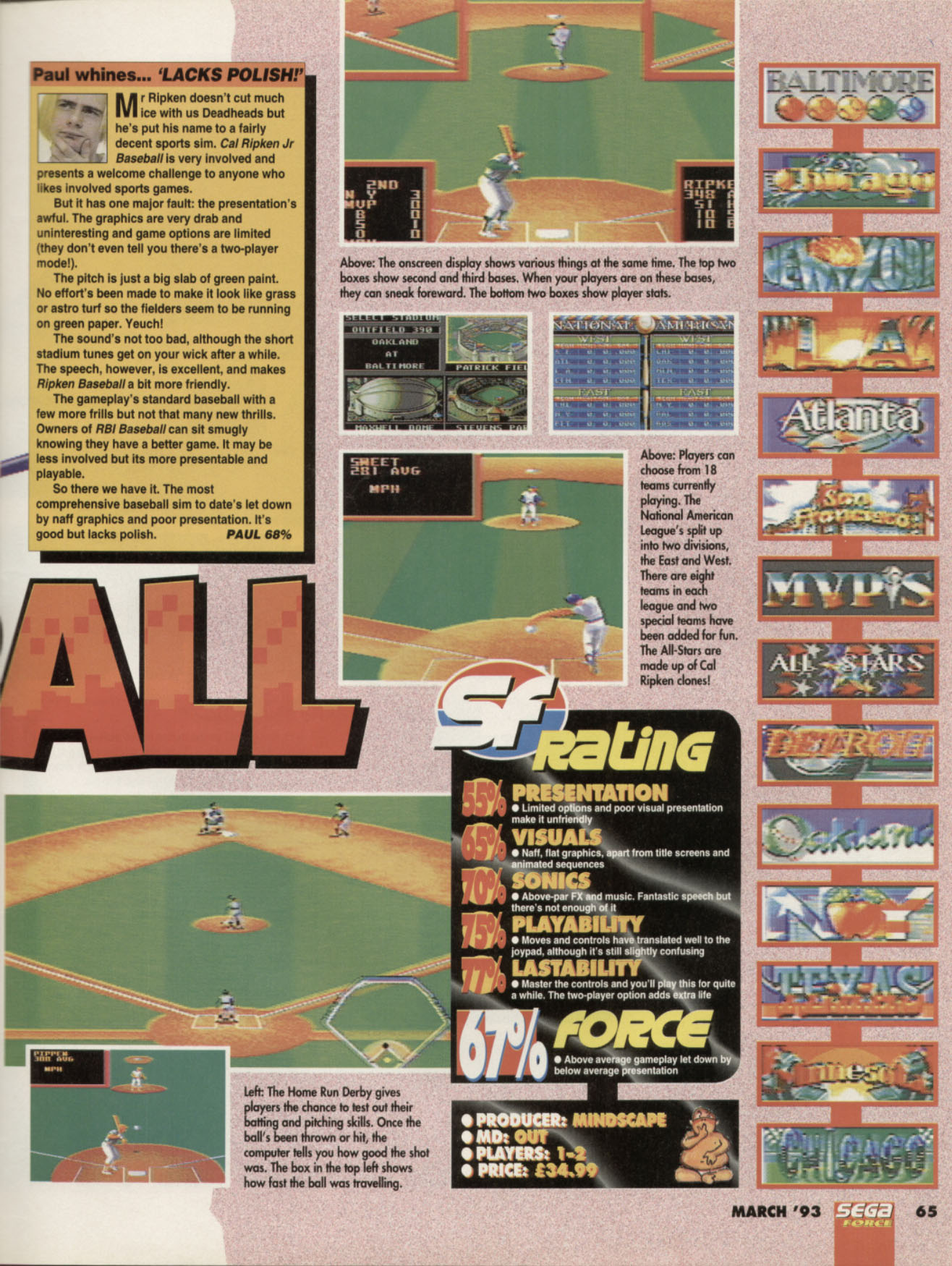 Cal Ripken Jr Baseball Review, Sega Force March 1993 page 65
