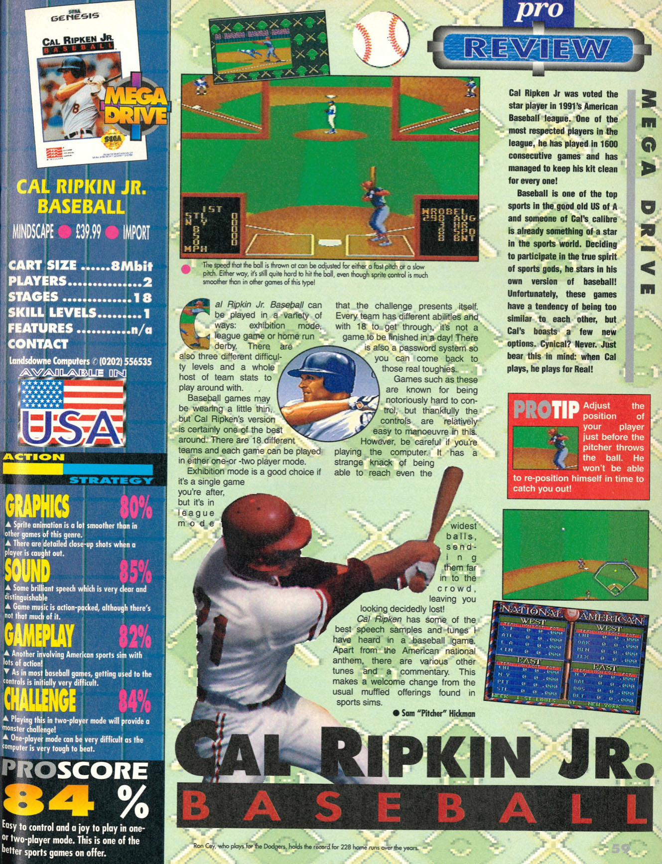 Cal Ripken Jr Baseball Review, Sega Pro May 1993 page 59