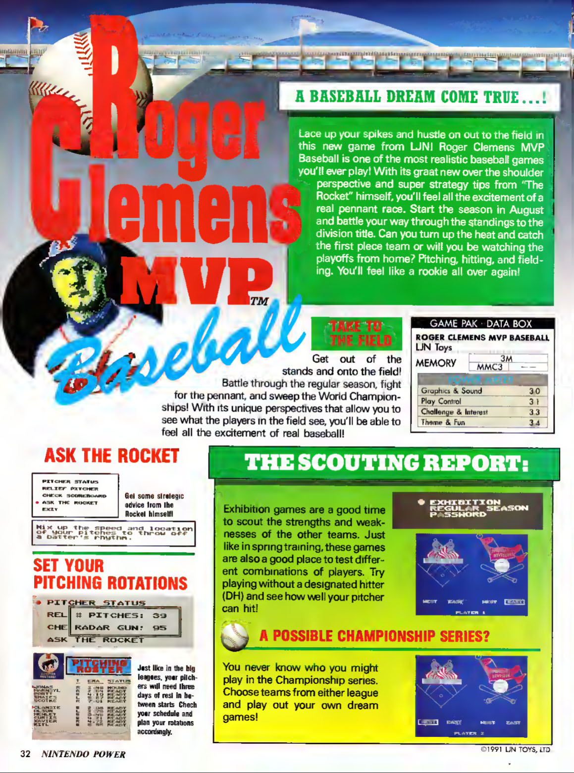 Roger Clemens MVP Baseball Review, Nintendo Power October 1991 page 32
