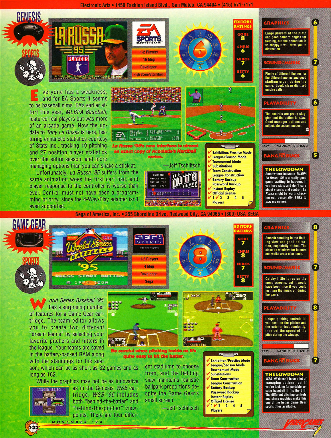 Tony La Russa Baseball '95 Review, Video Games November 1994 page 122