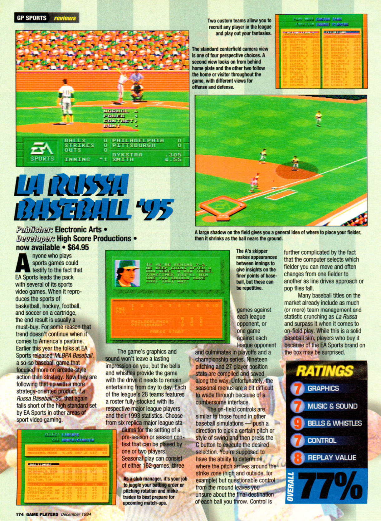 Tony La Russa Baseball '95 Review, Game Players December 1994 page 174