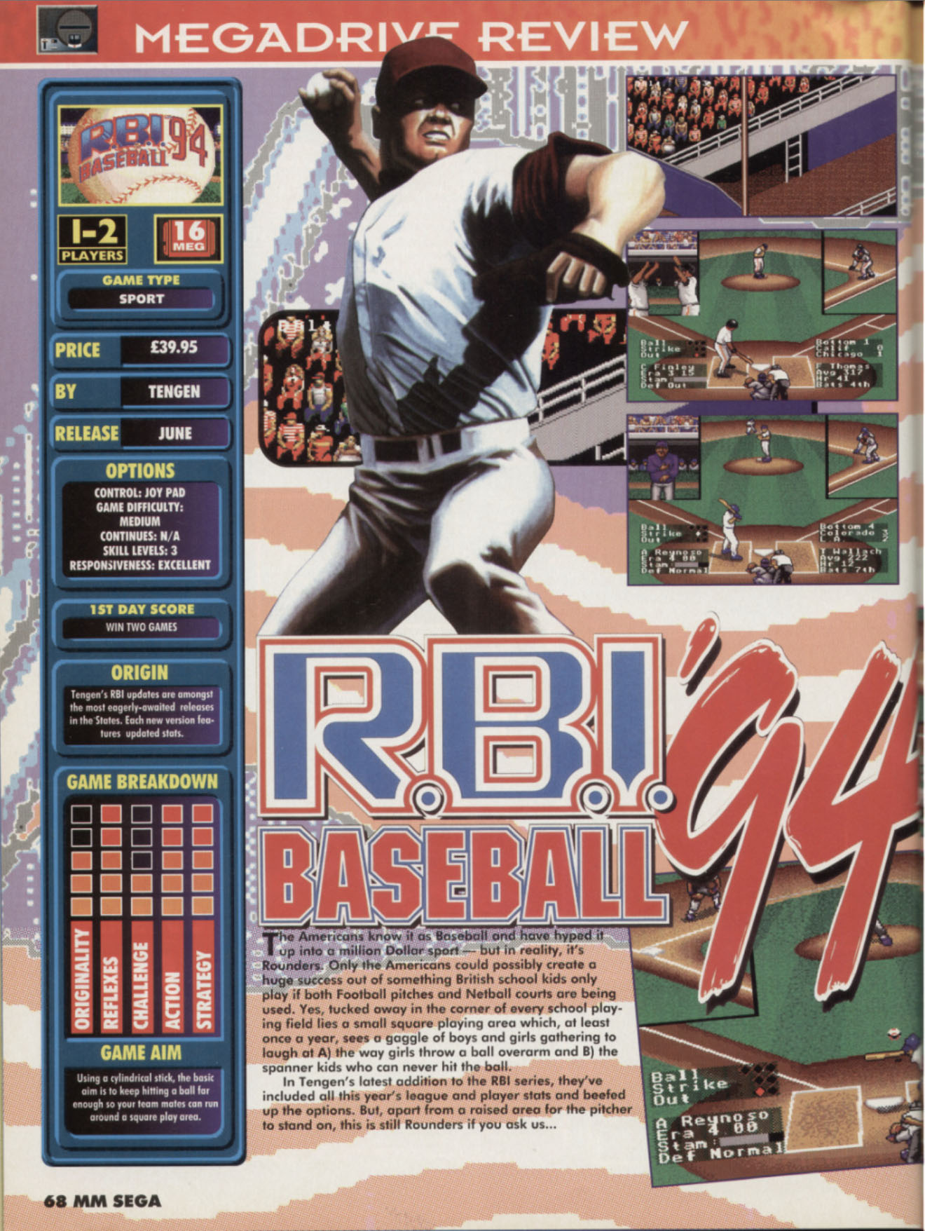 RBI Baseball '94 Review, Mean Machines Sega June 1996 page 68