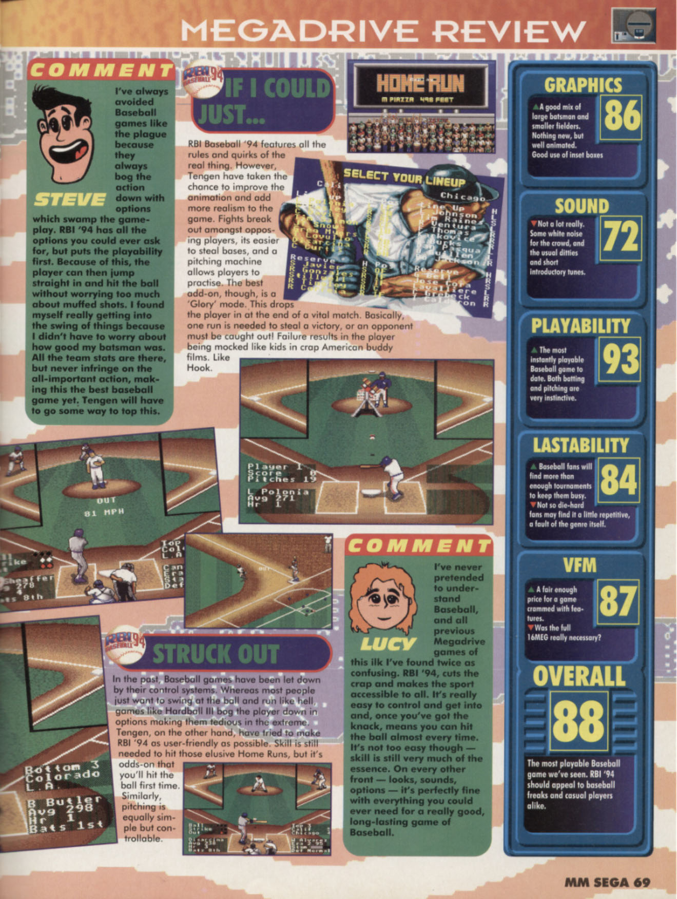 RBI Baseball '94 Review, Mean Machines Sega June 1994 page 69