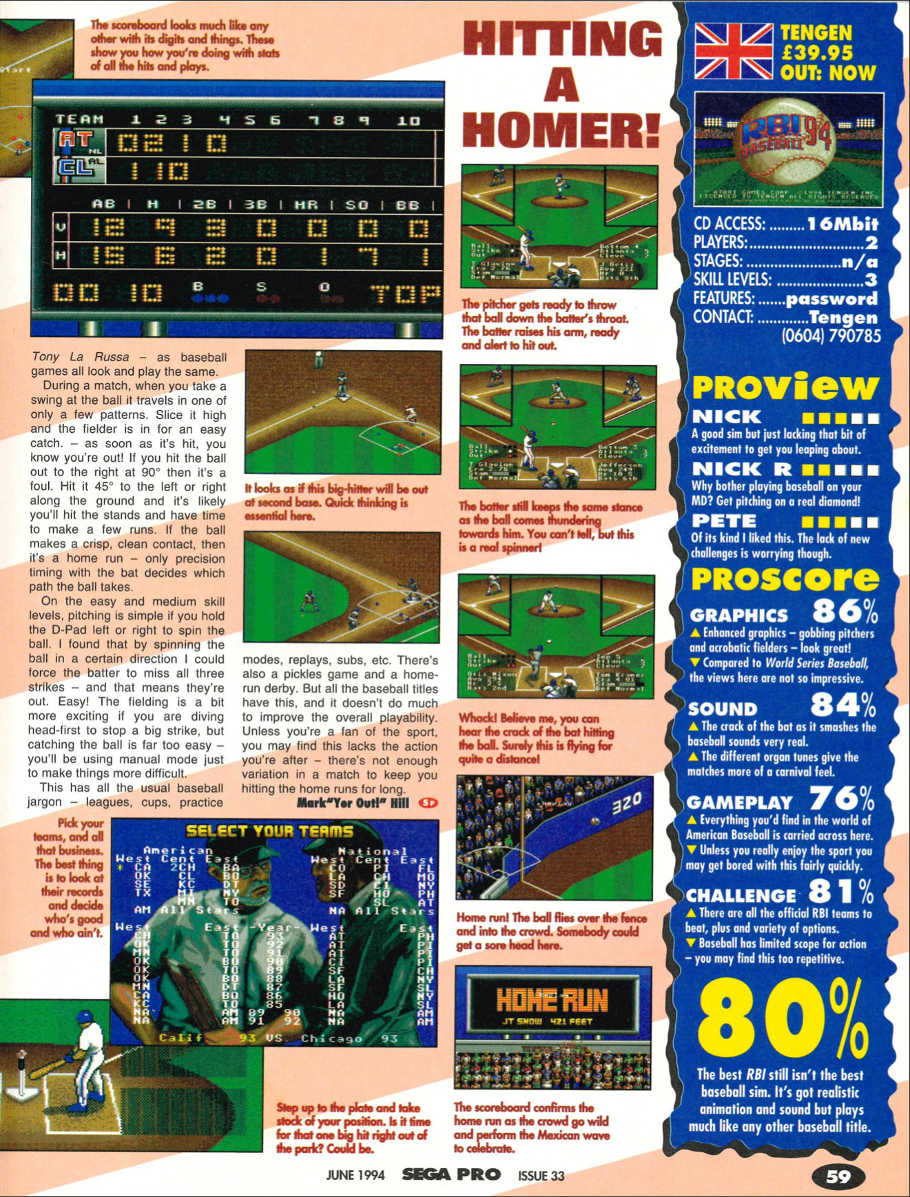 RBI Baseball '94 Review, Sega Pro June 1994 page 59
