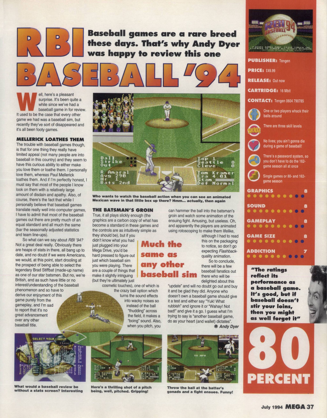 RBI Baseball '94 Review, Mega July 1994 page 37