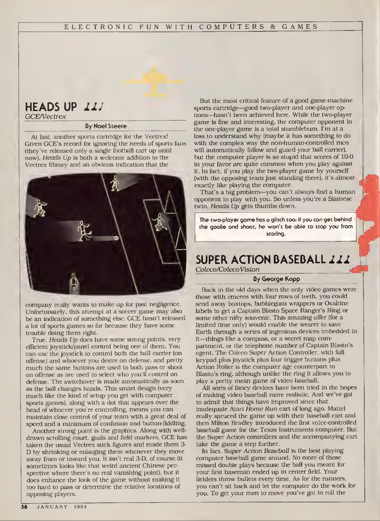 Super Action Baseball Review, Electronic Fun with Computer & Video Games January 1984 page 58