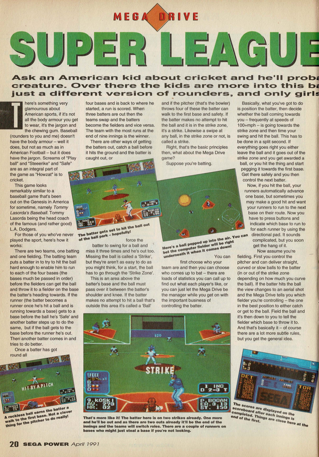 Super League Baseball Review, Sega Power April 1991 page 20