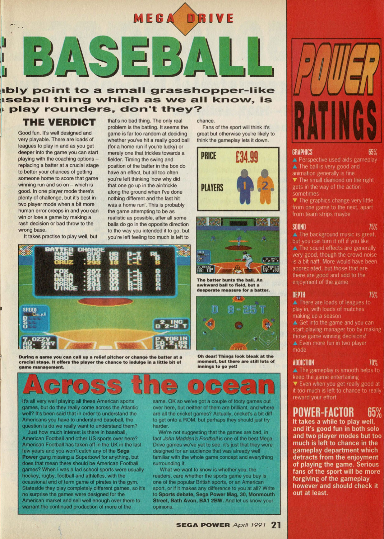 Super League Baseball Review, Sega Power April 1991 page 21